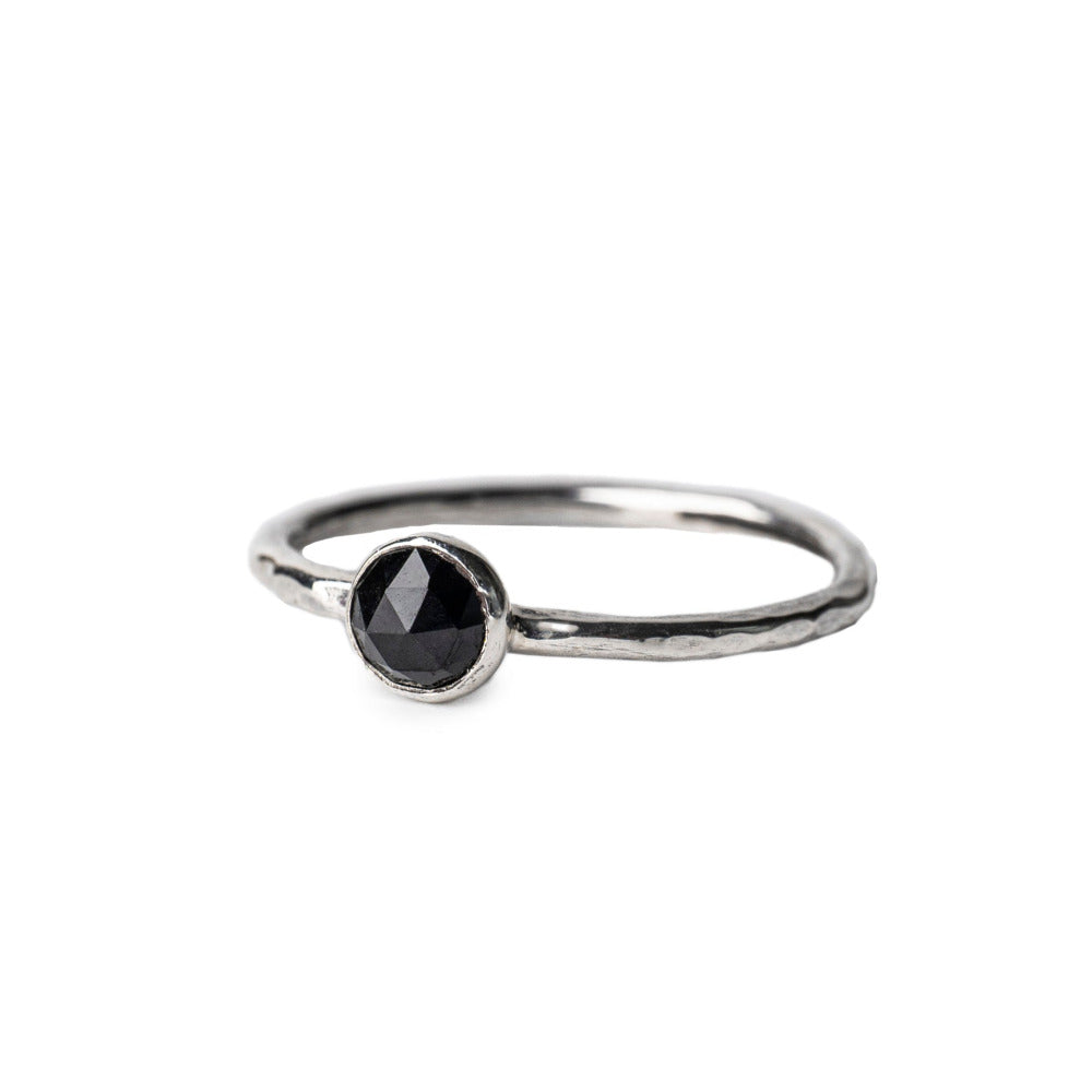 Black Spinel Rosecut Gemstone set on textured Hammered Sterling Silver Ring