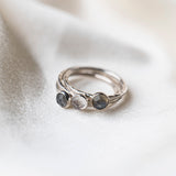 3 stacking Rings. Gemstones Labradorite, Grey Moonstone, Aquamarine.  Set on Hammered textured Sterling Silver Rings.