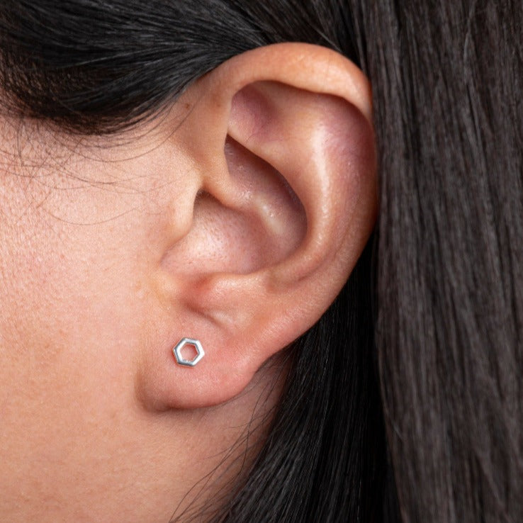 Hexagon Earrings worn on models ear lobe
