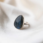 Labrodorite Gemstone Statememnt Sterling Silver Ring show onsilk background