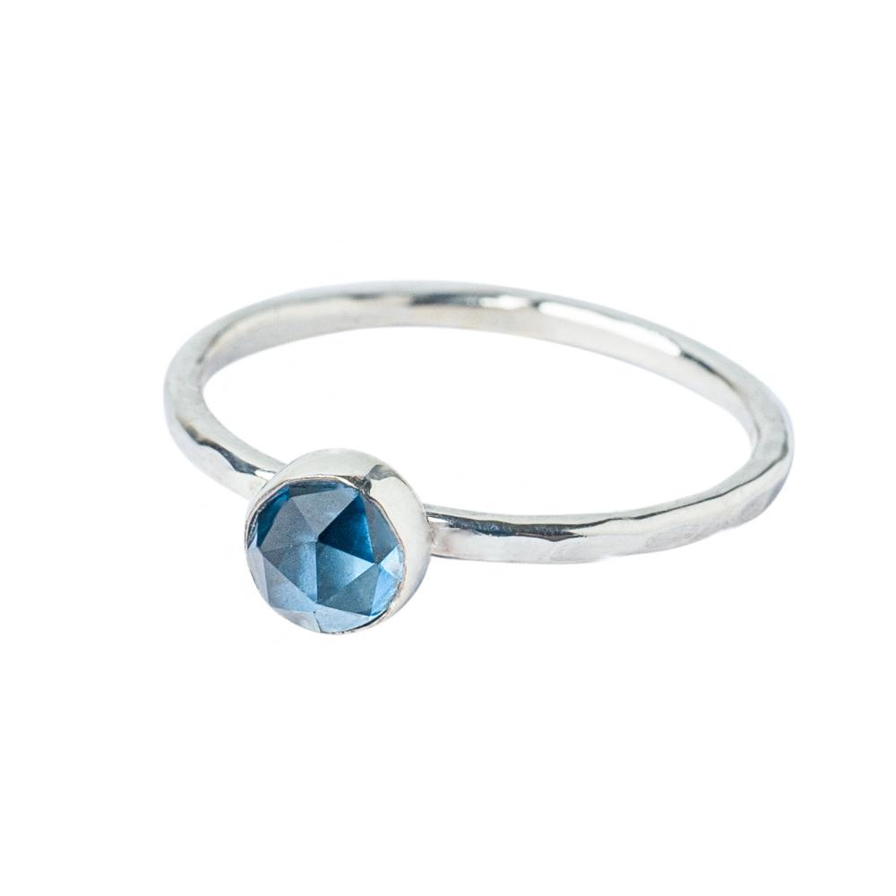 London Blue Topaz Rosecut Hammered Handmade Sterling Silver Stacking Ring