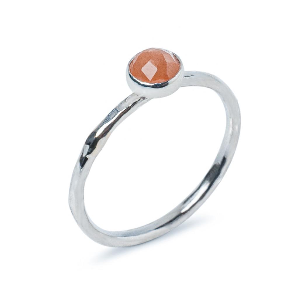 Peach Moonstone Sterling Silver Hammered Stacking Ring Side view on a white background