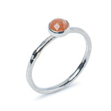 Peach Moonstone Sterling Silver Hammered Stacking Ring Side view on a white background