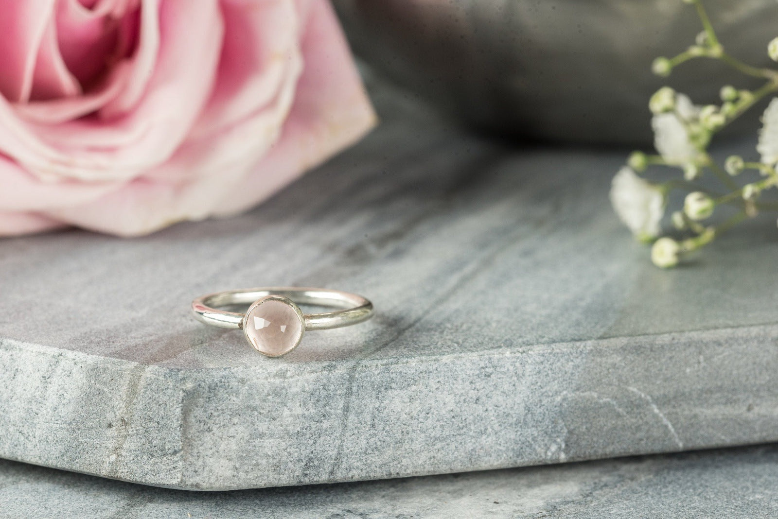 Rose Quartz Rosecut Sterling Silver Stacking Ring Lunar Moth Jewellery