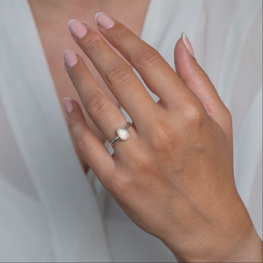 Handmade Sterling Silver Moonstone Pear Gemstone Ring worn on a models hand..