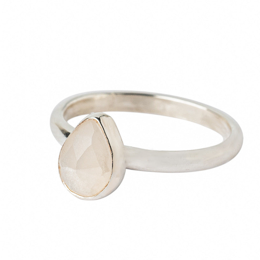 Handmade Sterling Silver Moonstone Pear Gemstone Ring on a white background.