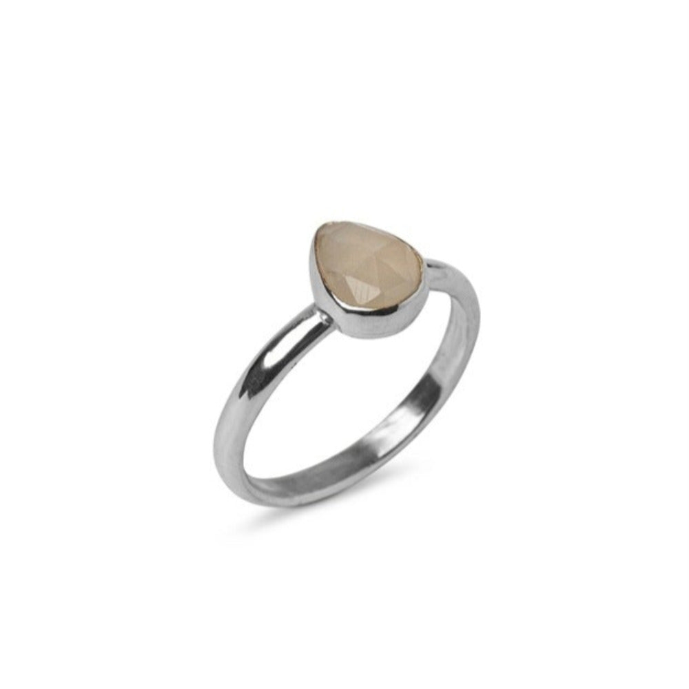 Handmade Sterling Silver Moonstone Pear Gemstone Ring, side profile on a white background.