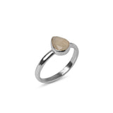 Handmade Sterling Silver Moonstone Pear Gemstone Ring, side profile on a white background.