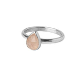 Handmade Sterling Silver Peach Moonstone Pear Gemstone Ring on a white background.