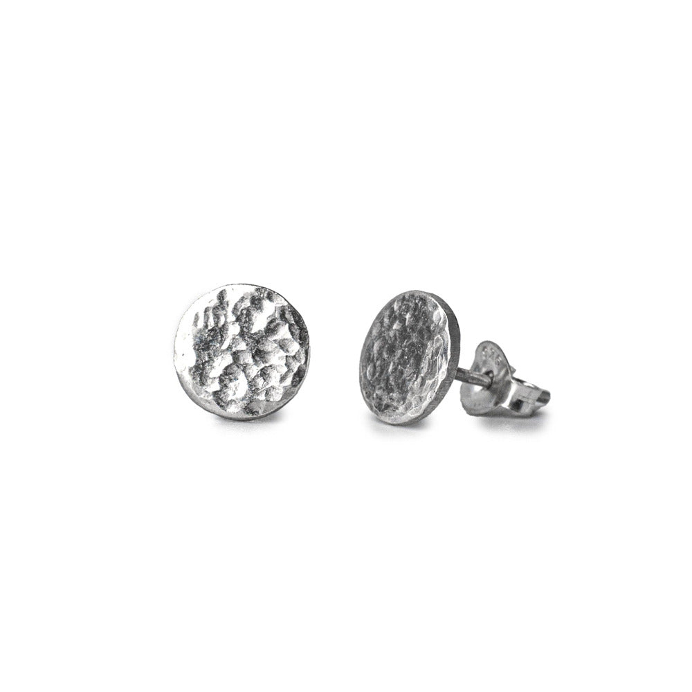 Round Hammered Sterling Silver Earrings on White Background