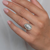 Handmade Sterling Silver Rutilated Black Quartz Statement Ring worn on model's left hand.