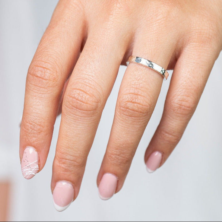 Sterling Silver Hammered textured Ring worn on models finger