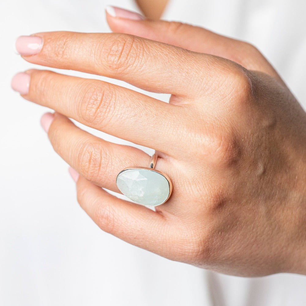 Aquamarine Gemstone Sterling Silver Ring on model