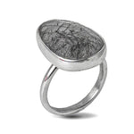 Black Quartz Handmade Sterling Silver Statement Ring on White Background 