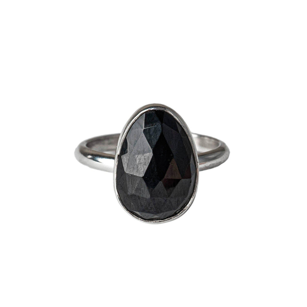 Black Spinel Statement Sterling Silver Ring worn on white background