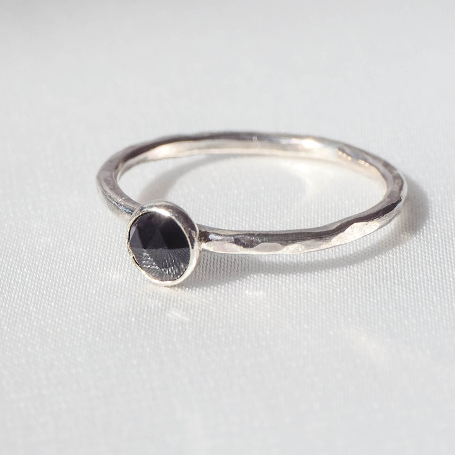 Handmade Black Spinel Rosecut Hammered Sterling Silver Stacking Ring