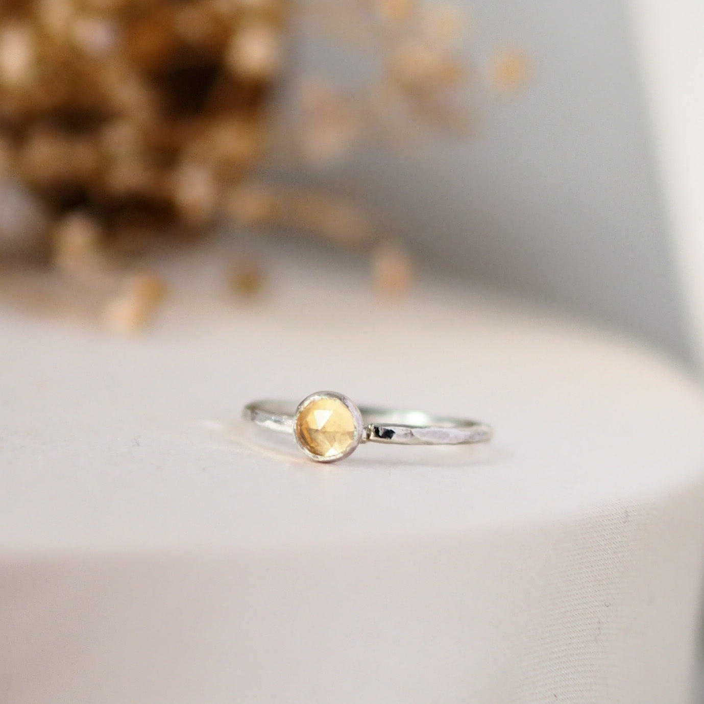Citrine Rosecut Hammered Sterling Silver Stacking Ring Lunar Moth Jewellery