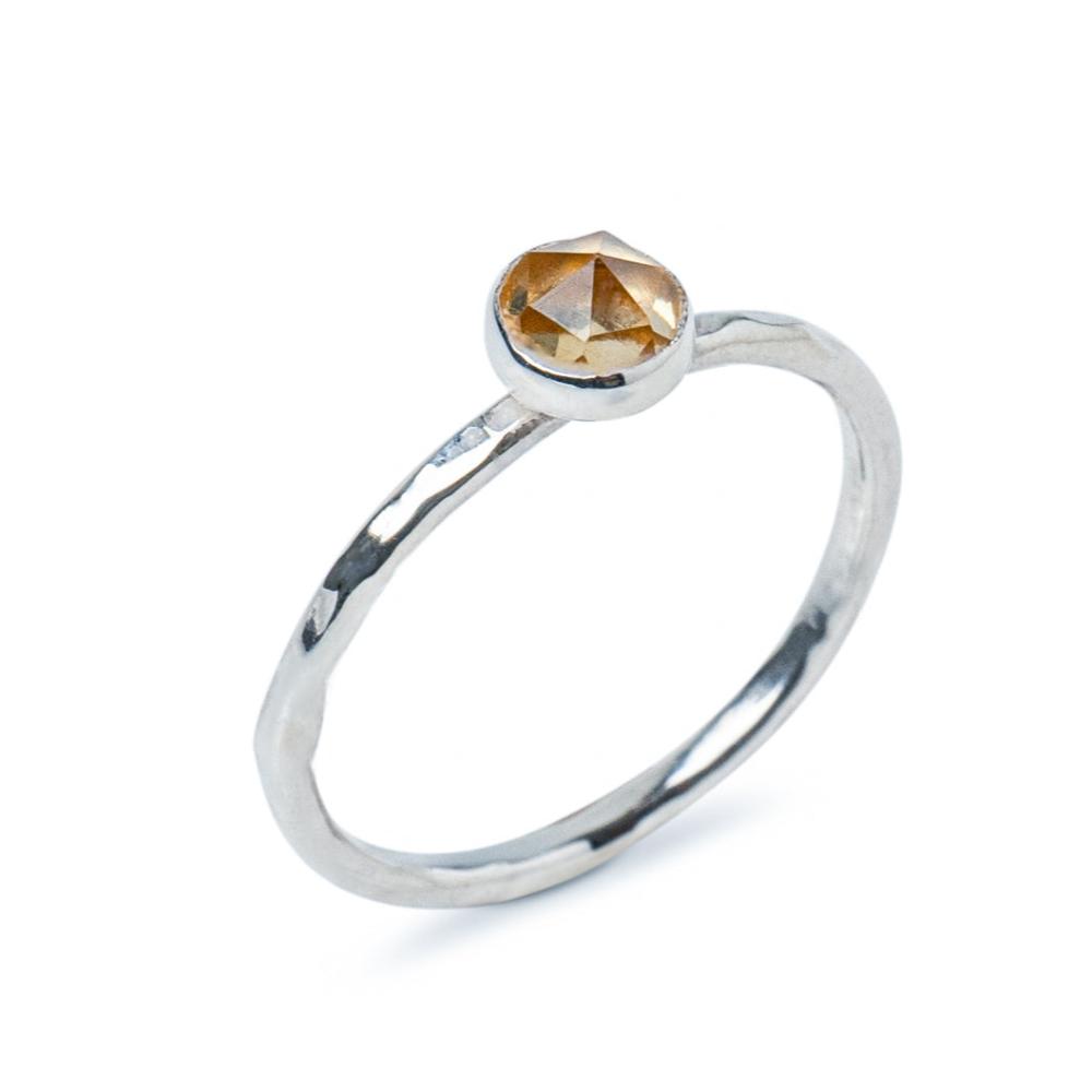 Citrine gemstone Sterling Silver Hammered Stacking Ring, Side view on a white background