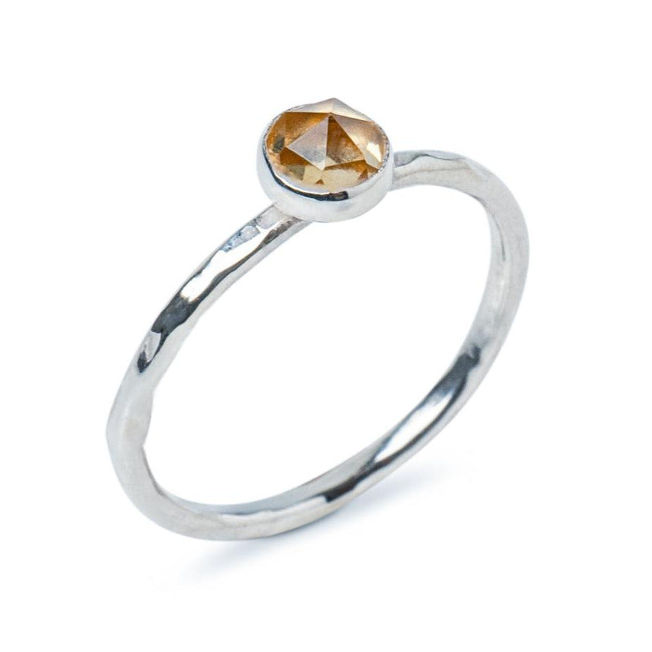 Citrine gemstone Sterling Silver Hammered Stacking Ring, Side view on a white background