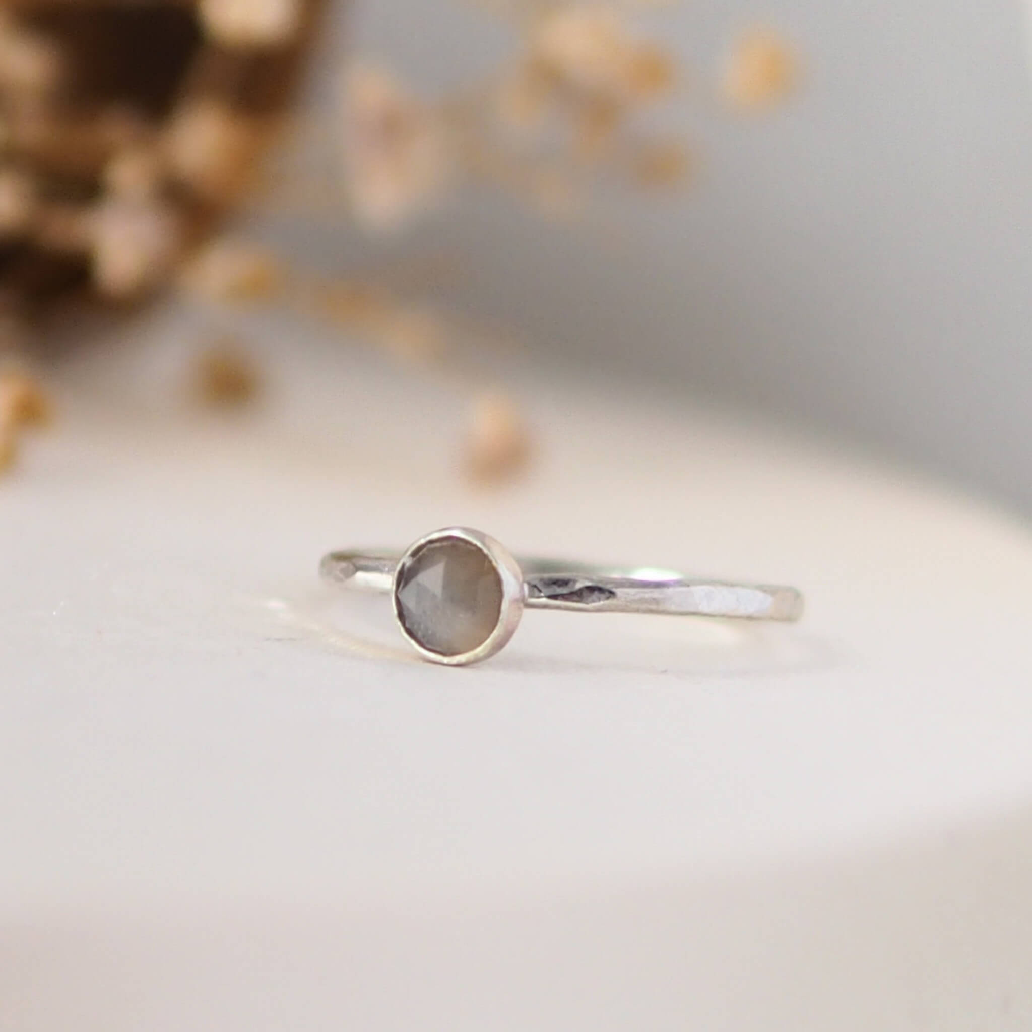Grey Moonstone Rosecut Hammered Sterling Silver Stacking Ring Lunar Moth Jewellery