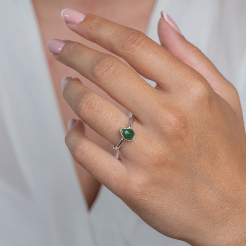 Handmade Sterling Silver Jade Pear Gemstone Ring worn on a models hand.