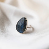 Labrodorite Gemstone Statememnt Sterling Silver Ring show onsilk background