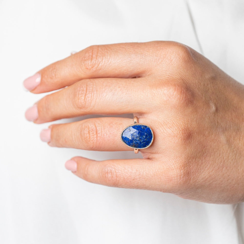Lapis Gemstyone Sterling Silve Statement Ring on models hand 
