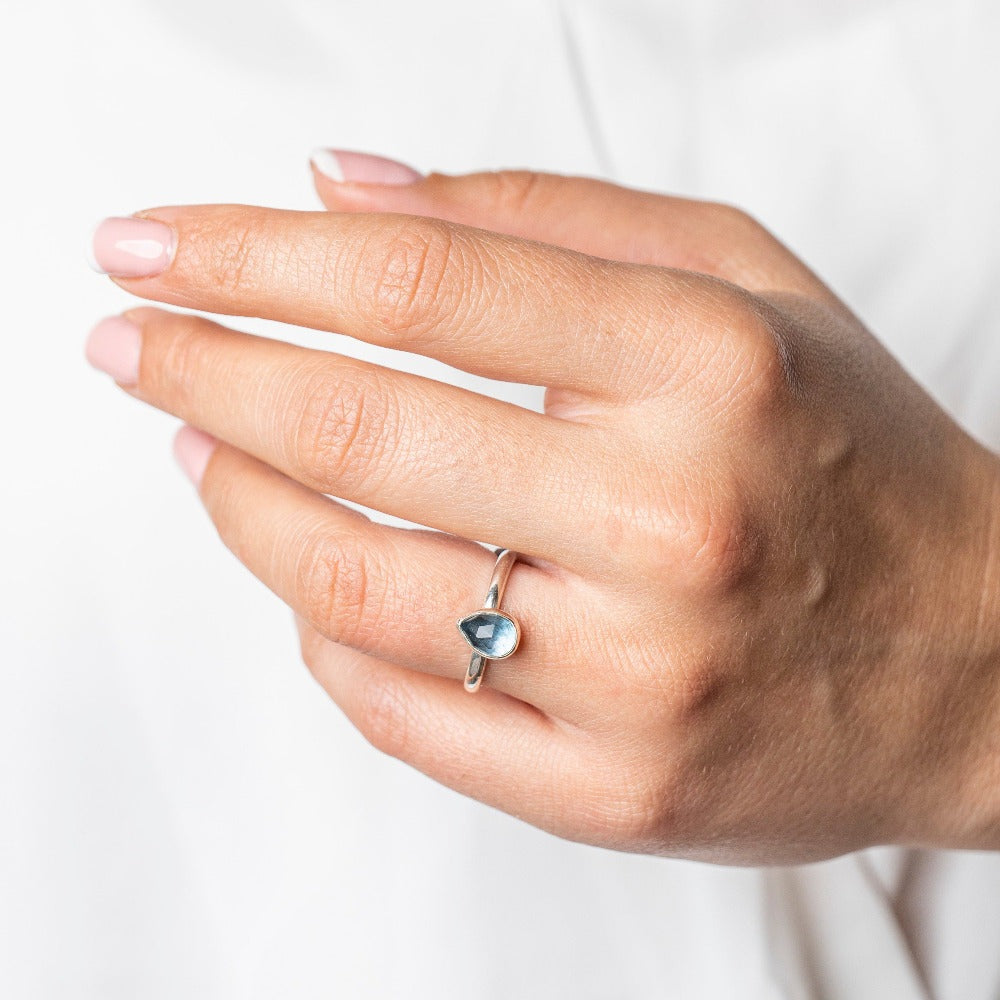 London Blue Topaz Gemstone Prear Sterling Silver Ring worn on model
