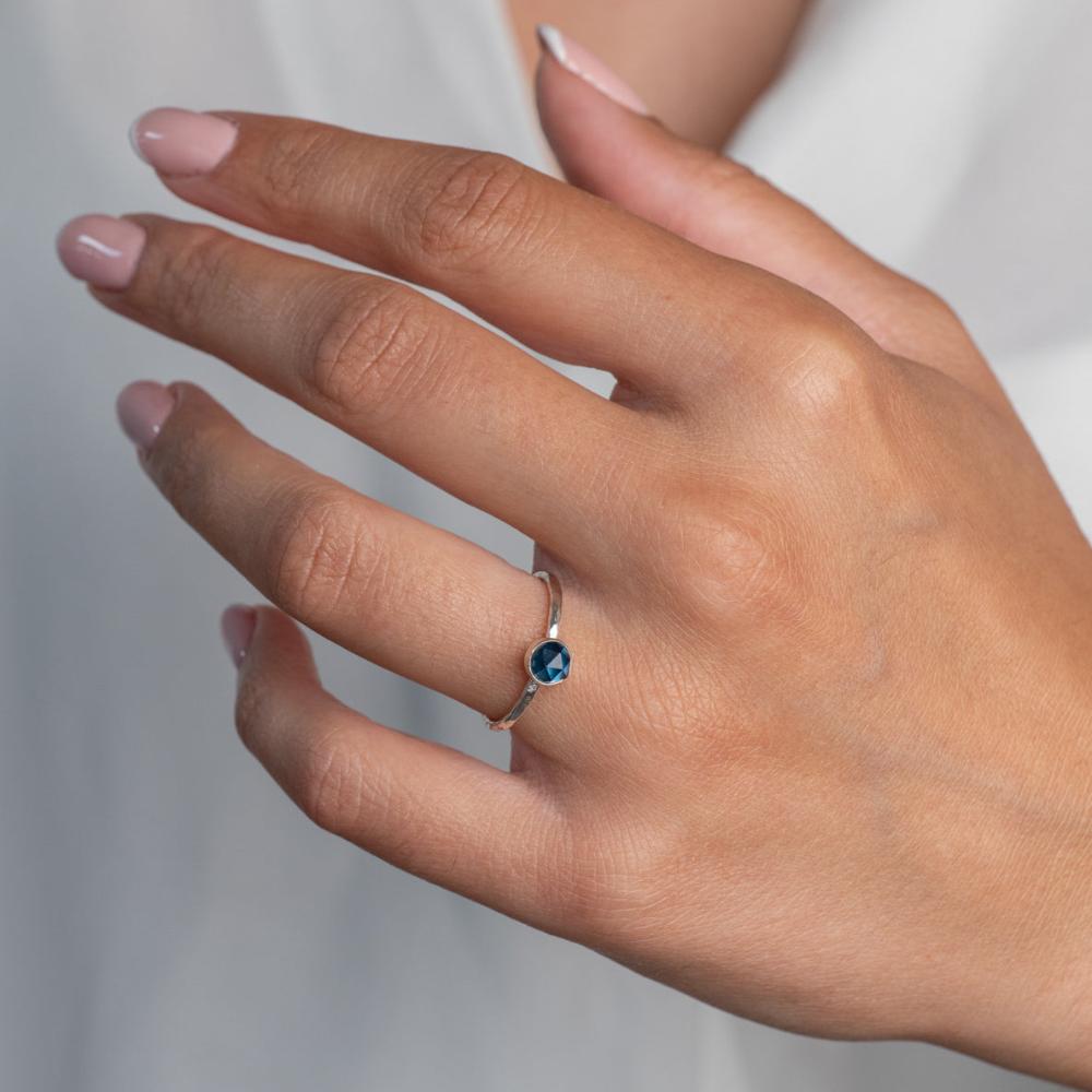 London Blue Topaz Rosecut Hammered Handmade Sterling Silver Stacking Ring