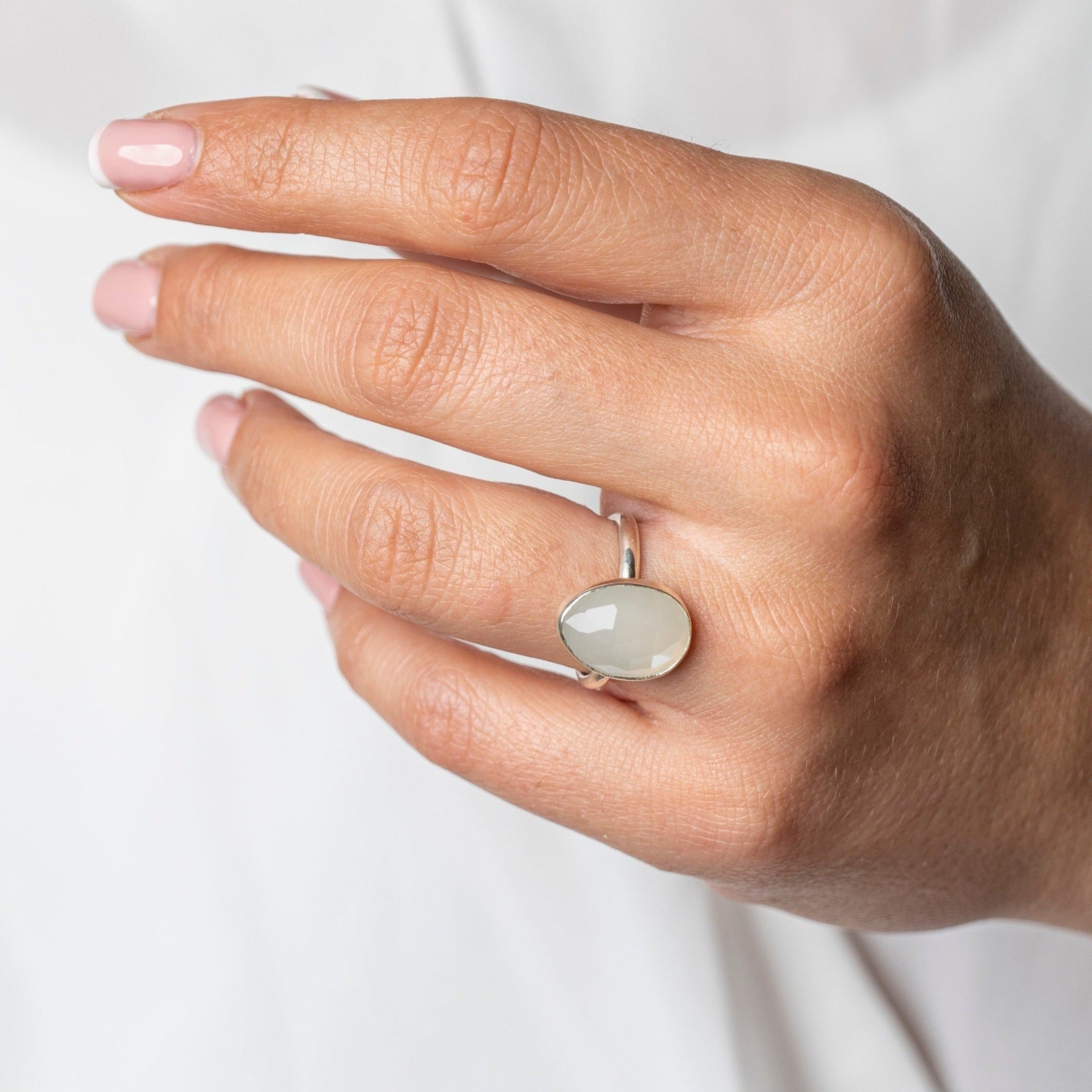 Moonstone Gemstone Sterling Silver Ring worn on models hand 