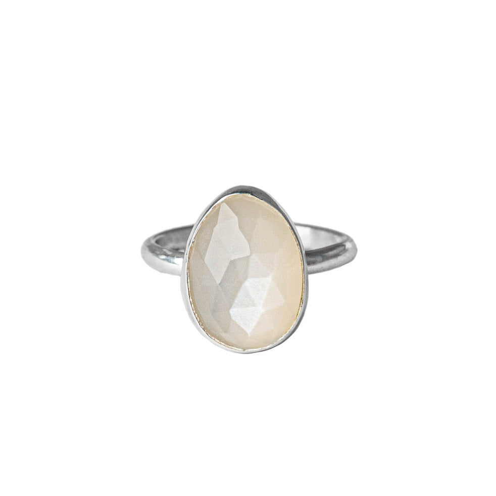 Moonstone Gemstone Sterling Silver Ring shown on white background 