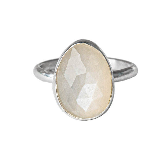 Moonstone Gemstone Sterling Silver Ring shown on white background 