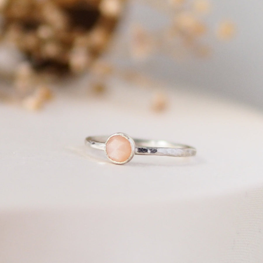 Peach Moonstone Rosecut Hammered Sterling Silver Stacking Ring Lunar Moth Jewellery