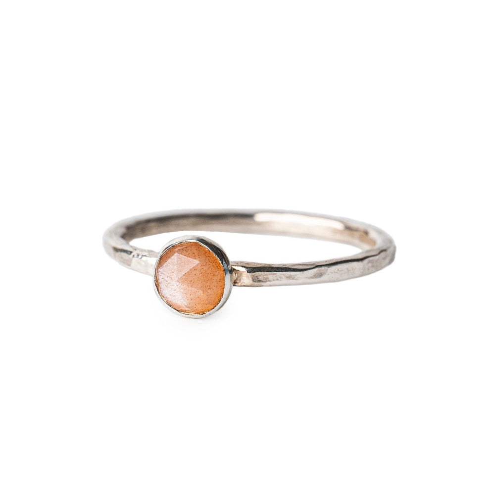 Peach Moonstone Rosecut gemstone set in hammeted textured Sterling Silver Ring.