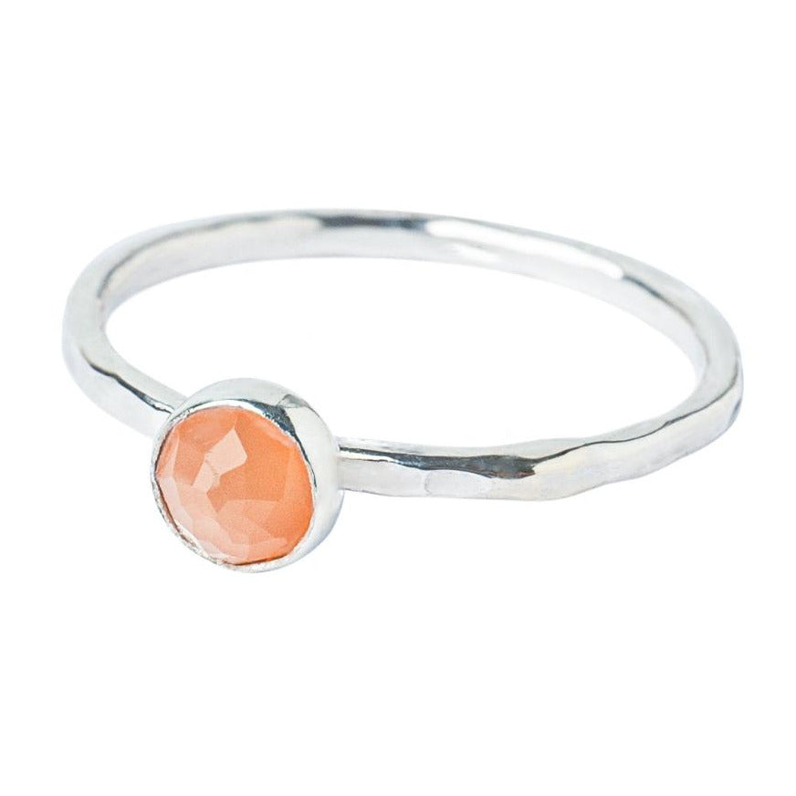 Peach Moonstone Sterling Silver Hammered Stacking Ring front view on a White Background 