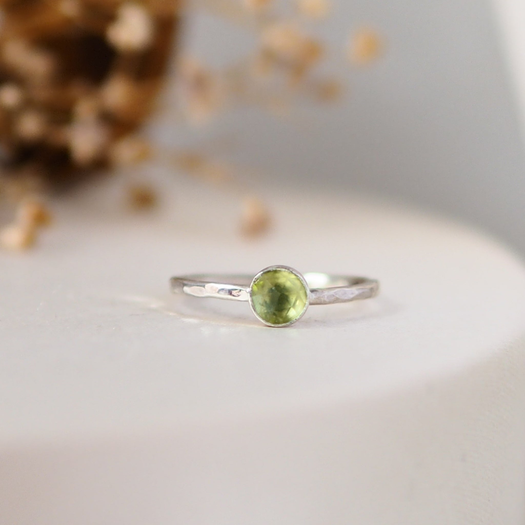 Peridot Rosecut Hammered Sterling Silver Stacking Ring Lunar Moth Jewellery