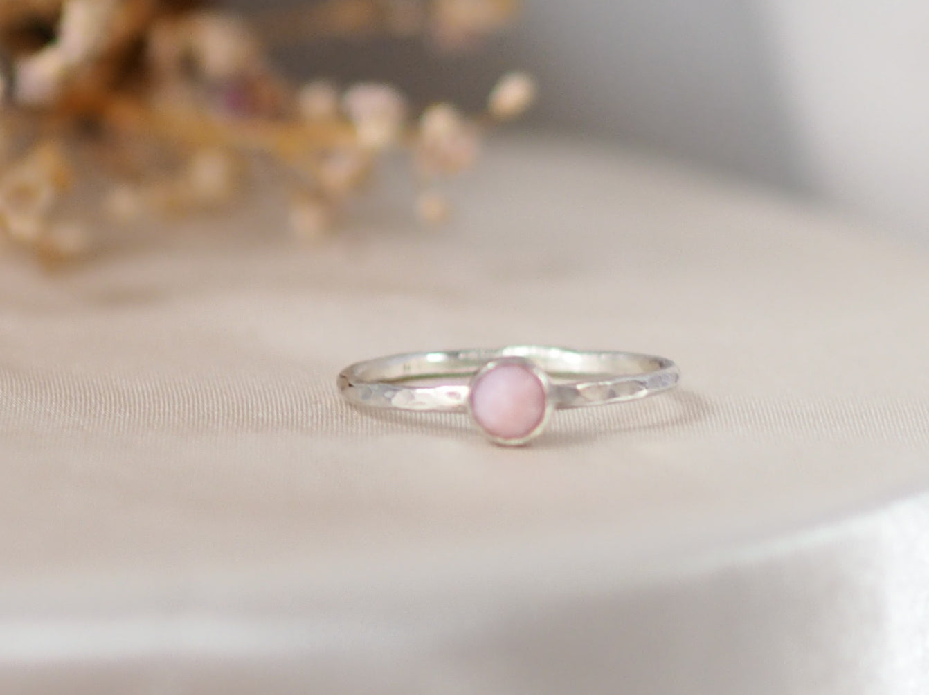 Pink Opal Rosecut Hammered Sterling Silver Stacking Ring Lunar Moth Jewellery