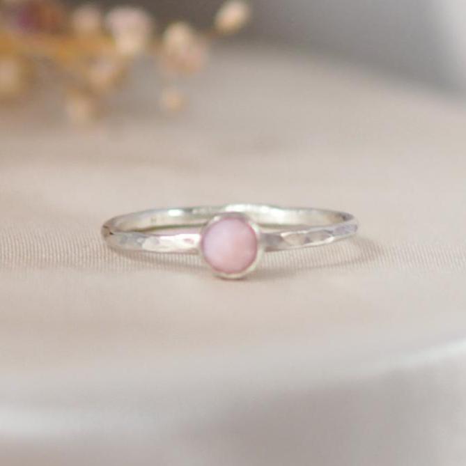 Pink Opal Rosecut Hammered Sterling Silver Stacking Ring Lunar Moth Jewellery