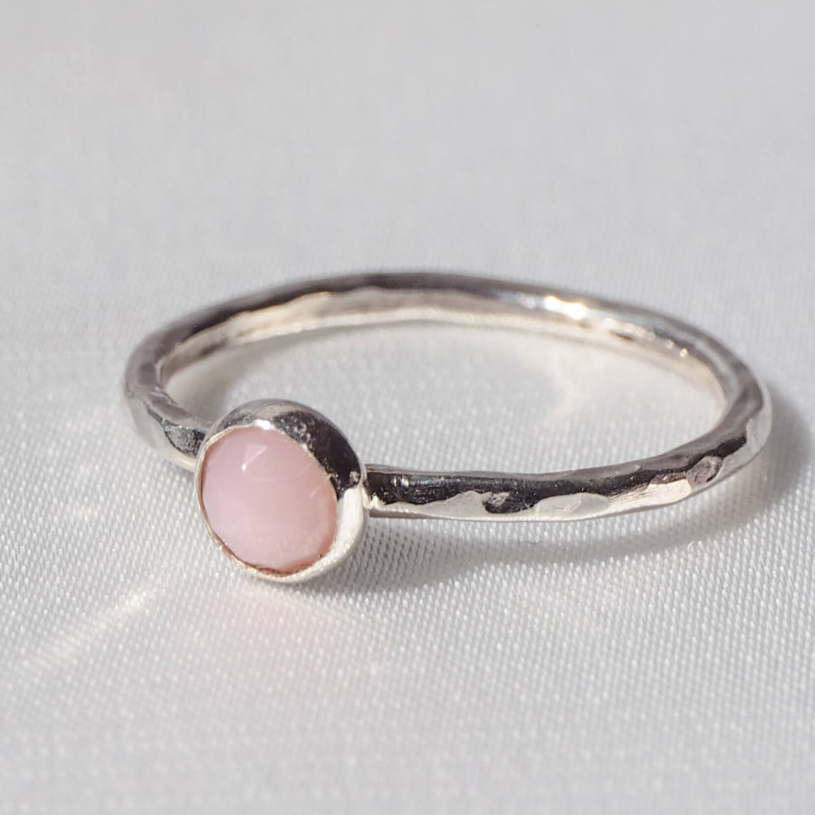 Pink Opal Rosecut Hammered Sterling Silver Stacking Ring