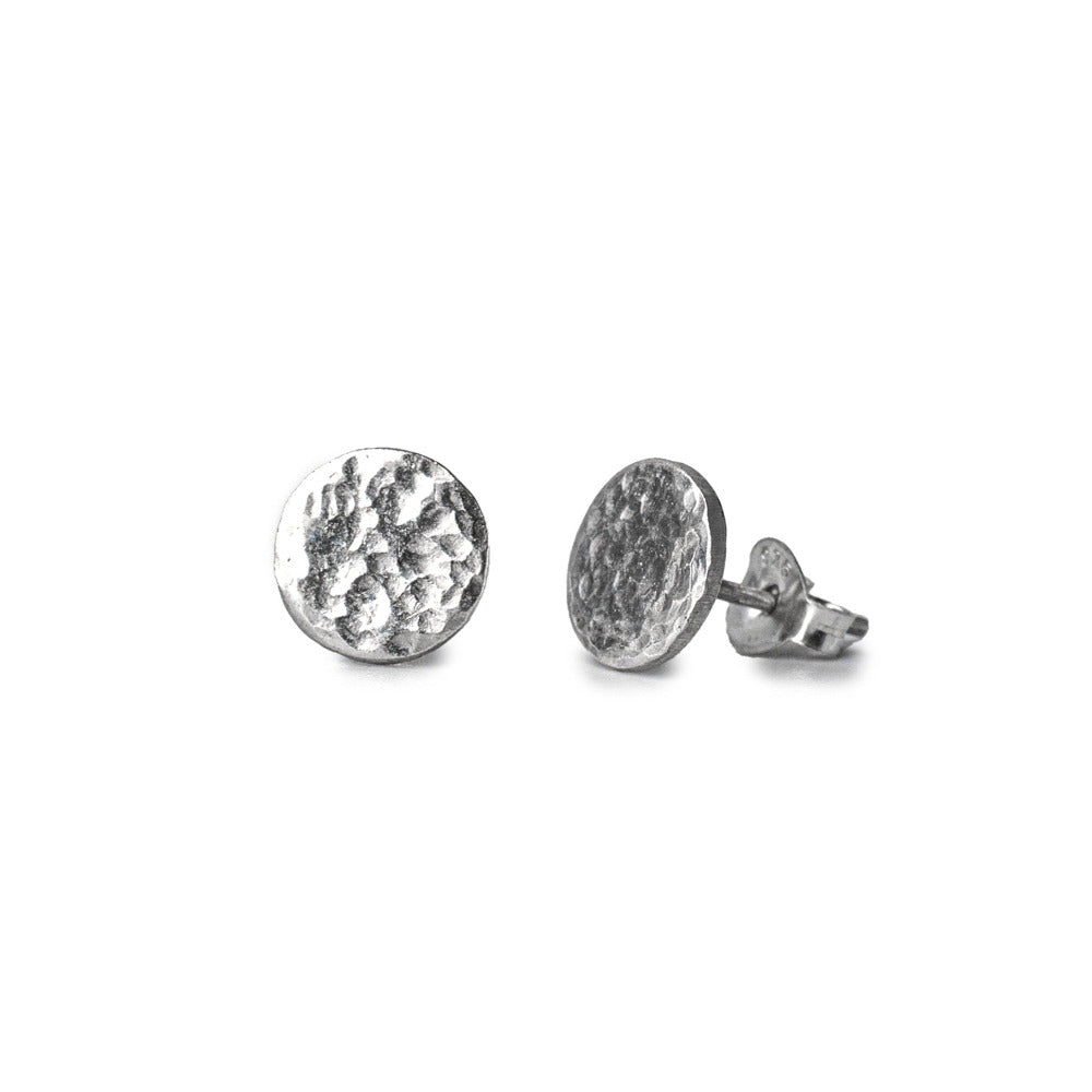 Round Hammered Sterling Silver Earrings on White Background 