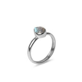 Handmade Labradorite Gemstone Ring in a Pear shape set in Sterling Silver, side profile view on a White background.