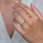 Peridot Gemstone Sterling Silver Pear shaped Ring worn on models hand 