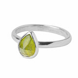 Peridot Gemstone Sterling Silver Pear shaped Ring on a white background.