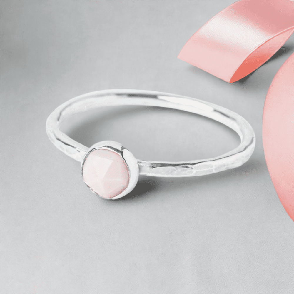 Pink Opal gemstone Sterling Silver Stacking Ring with Hammered Textured band
