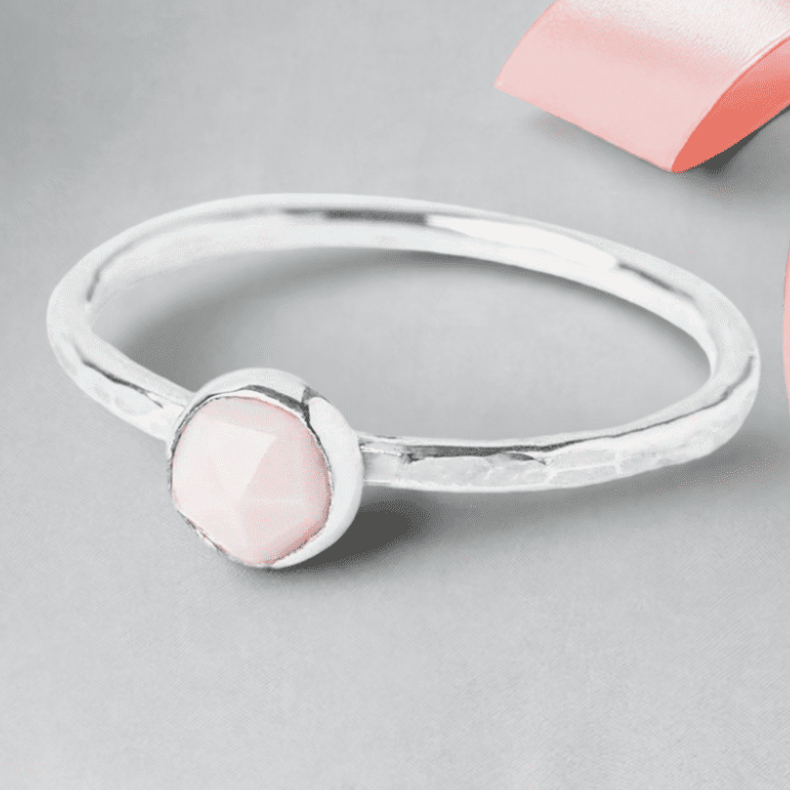 Pink Opal gemstone Sterling Silver Stacking Ring with Hammered Textured band