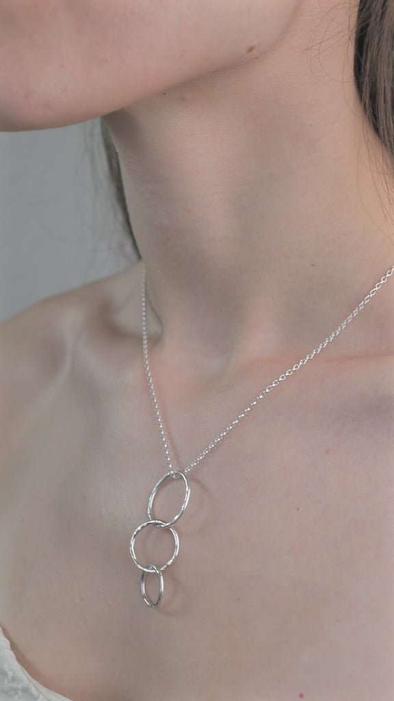 Sterling Silver 3 ring pendent necklace worn by model
