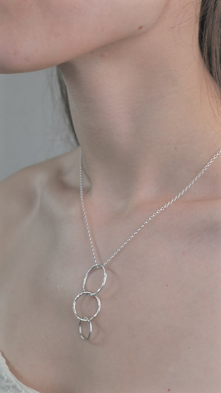 Sterling Silver 3 ring pendent necklace worn by model