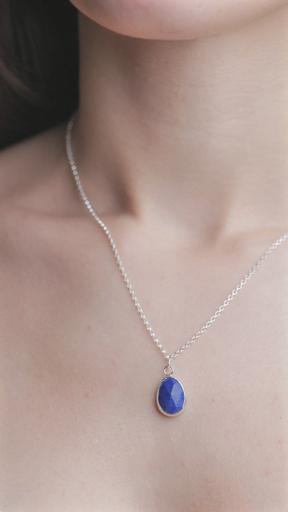 Lapis Gemstone Pendent Sterling Silver Necklace worn on model, video.