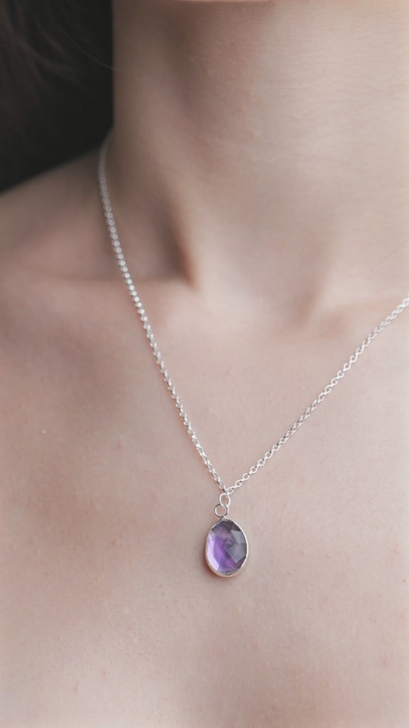 Amethyst Gemstone Pendent Sterling Silver Necklace worn on model, video.