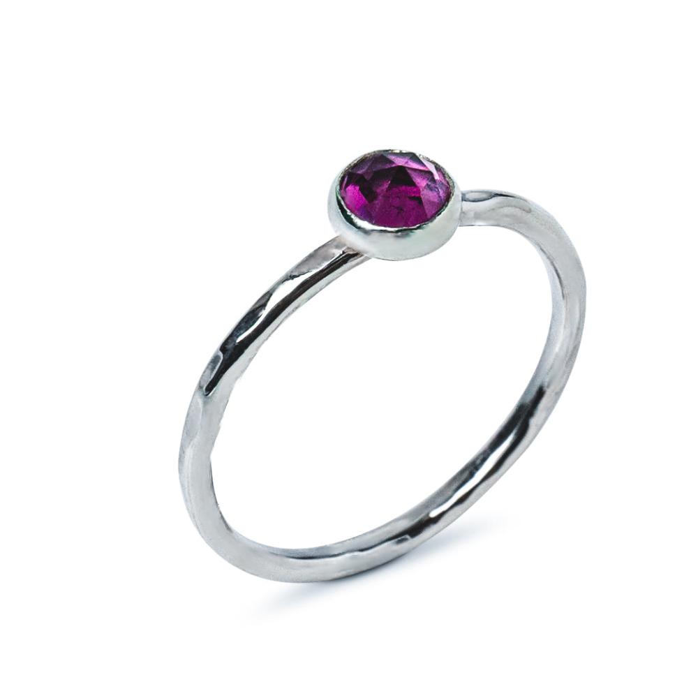Rhodolite Garnet gemstone Sterling Silver Stacking Ring with Hammered Textured band shown on white background